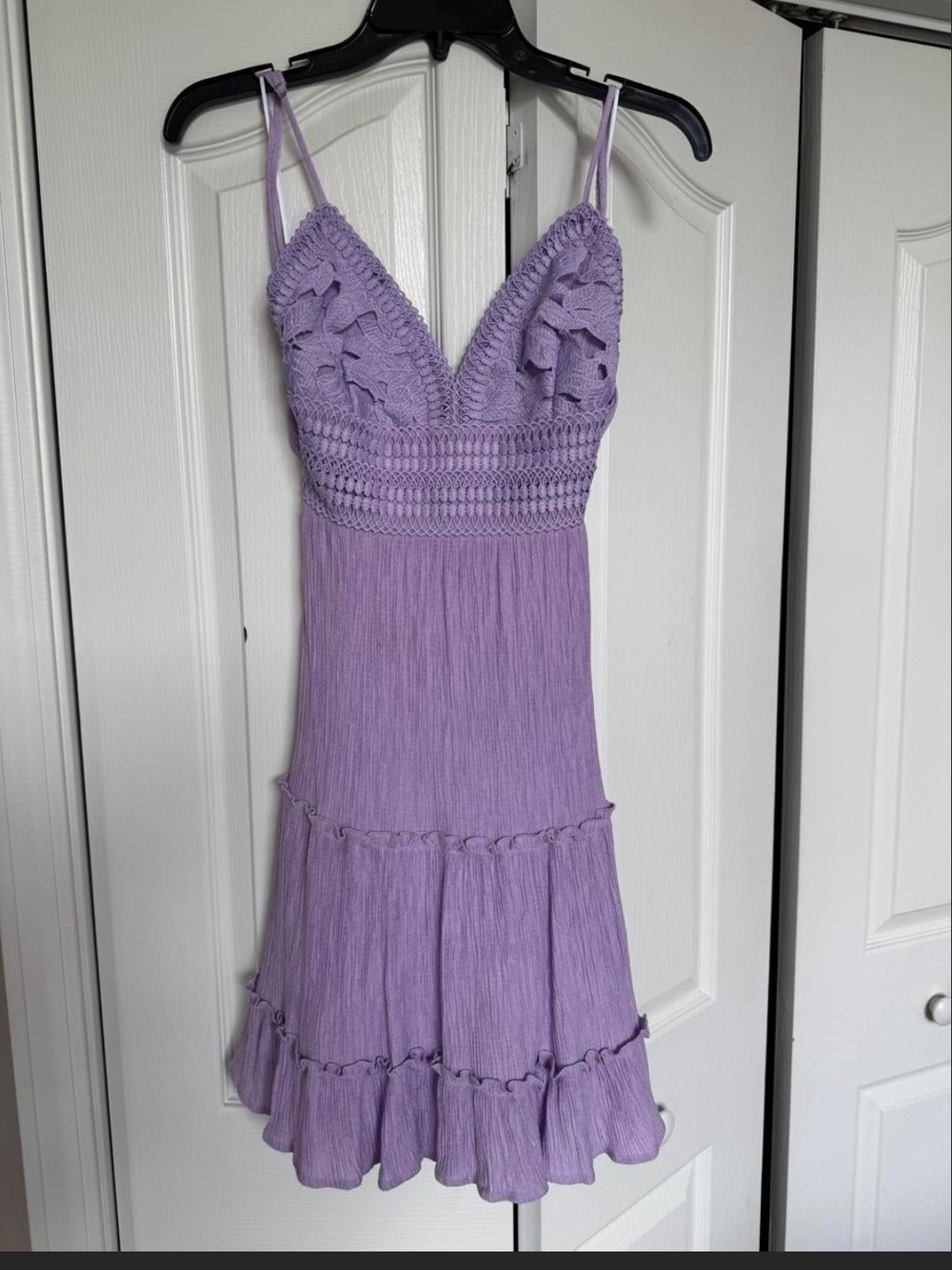 Lavender Crochet-Detail Spaghetti Strap Mini Dress